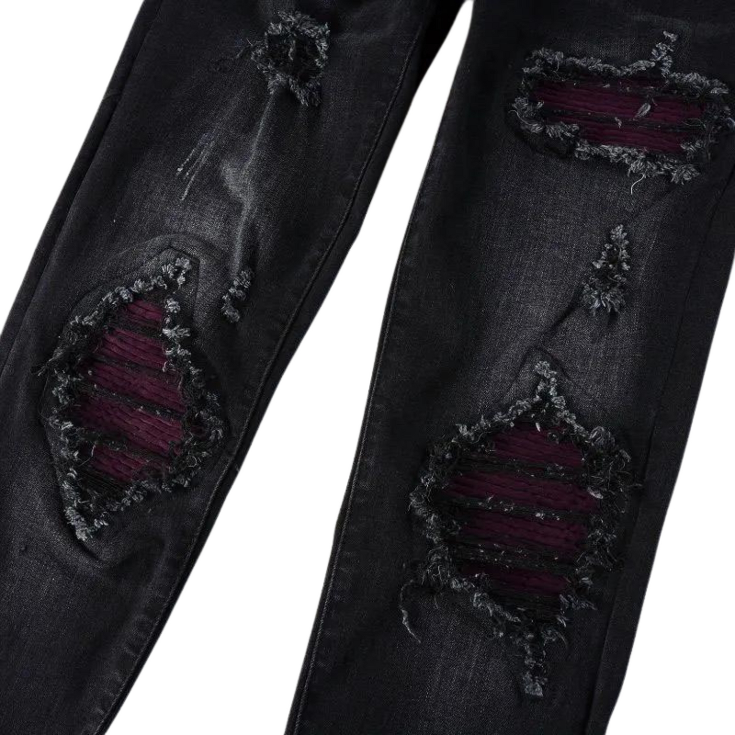 Close-up of Nofacebaby M35 jeans featuring distressed details with vivid purple underlay, highlighting the jeans' premium Italian cotton and streetwear vibe.