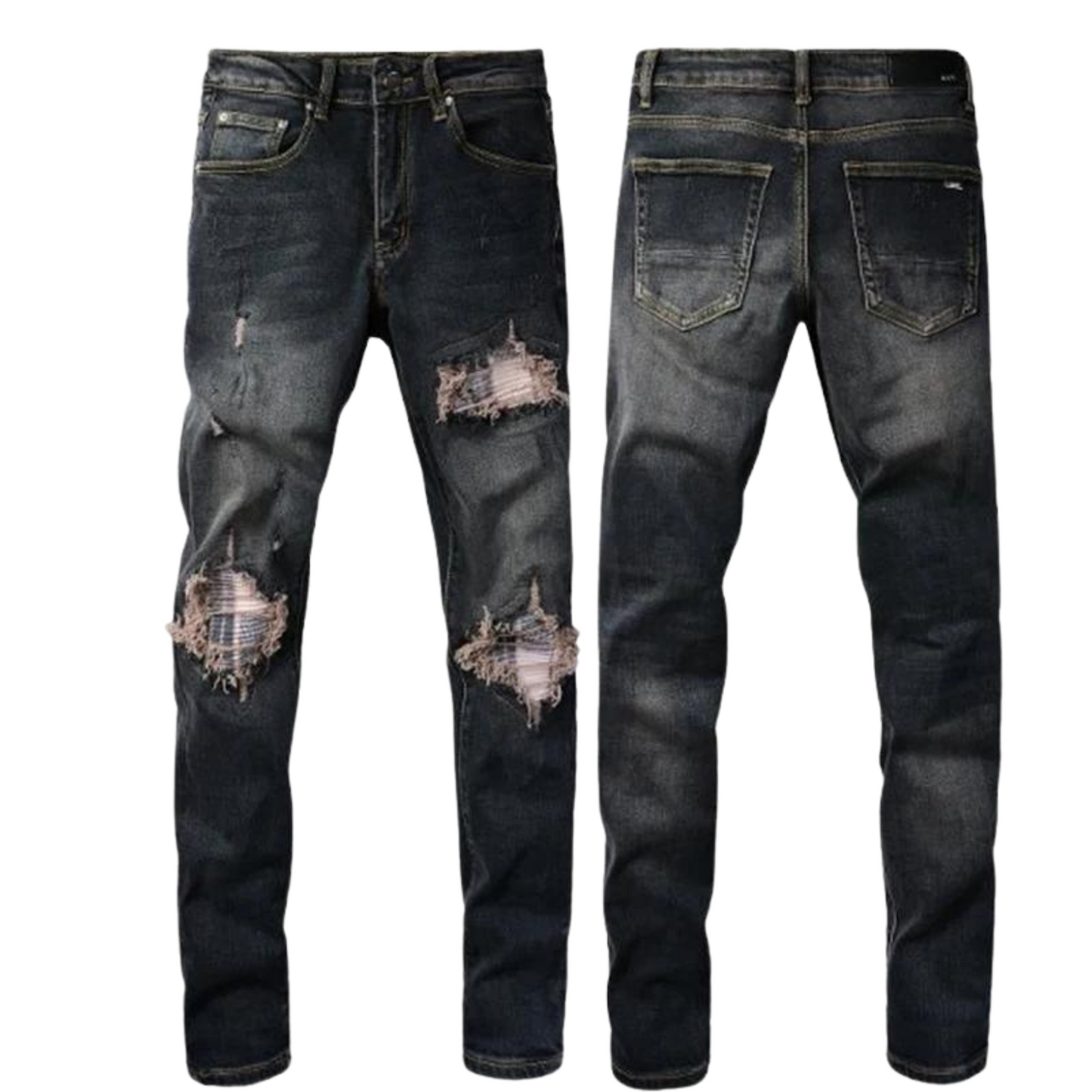 Full-length view of the Nofacebaby B13 skinny relax fit jeans from a front and back perspective, showcasing the overall design and quality of the cotton denim.