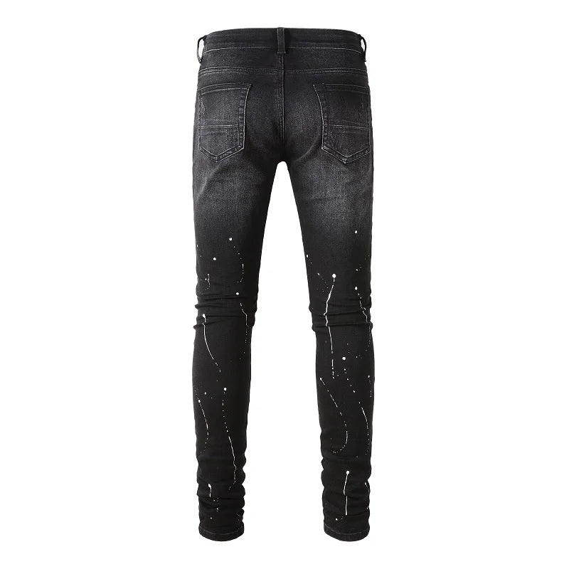 Nofacebaby Red Rhinestones Skinny Ripped Jeans From the Back.