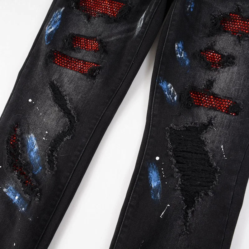 Nofacebaby Red Rhinestones Skinny Ripped Jeans Close View of The Design.