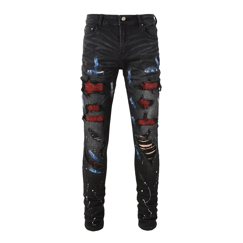 Nofacebaby Red Rhinestones Skinny Ripped Jeans with White Paint Design and Blue Colour on it Full View.