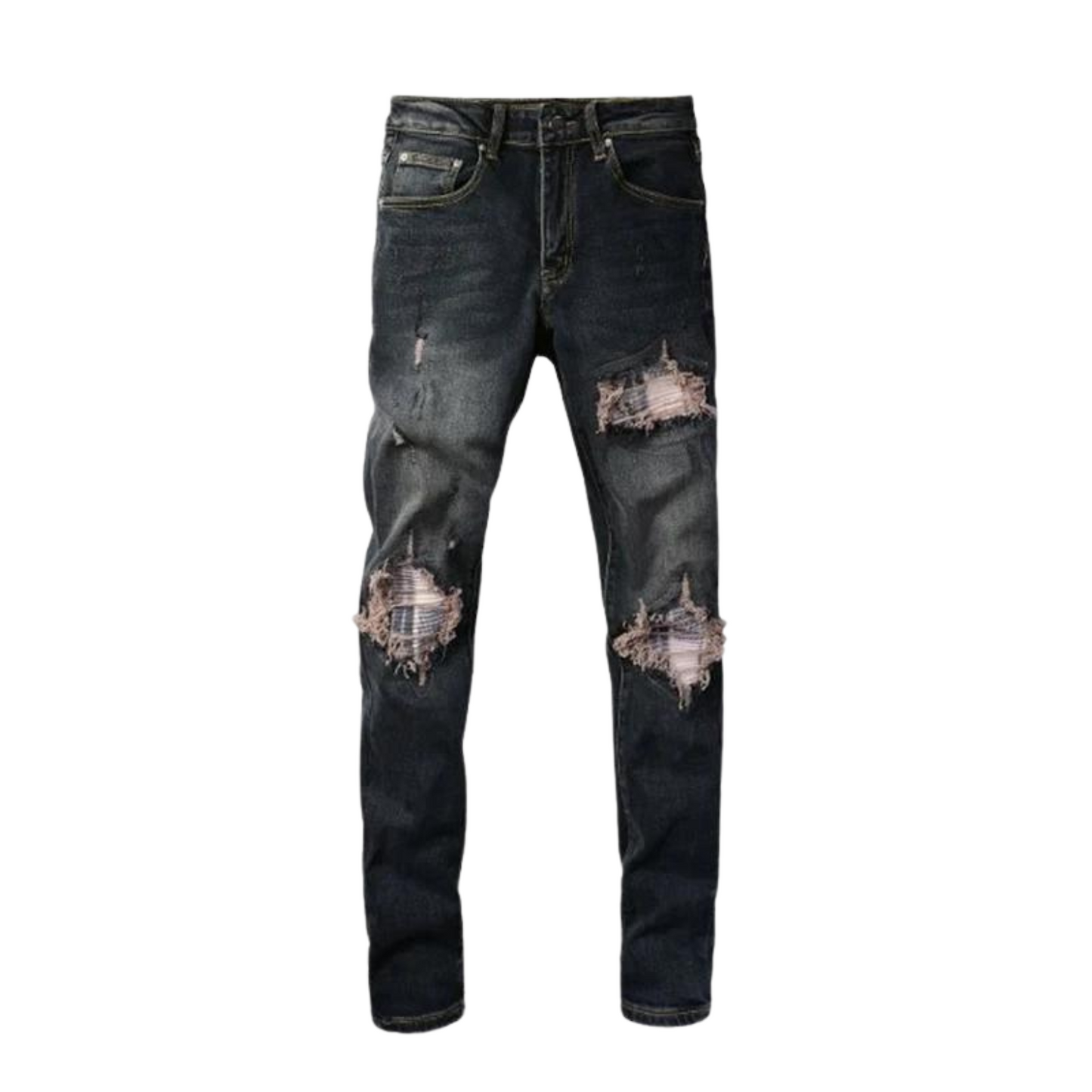 Front view of Nofacebaby B13 skinny relax fit jeans featuring distinctive ripped detailing on the thighs and knees, crafted from high-quality cotton fabric.
