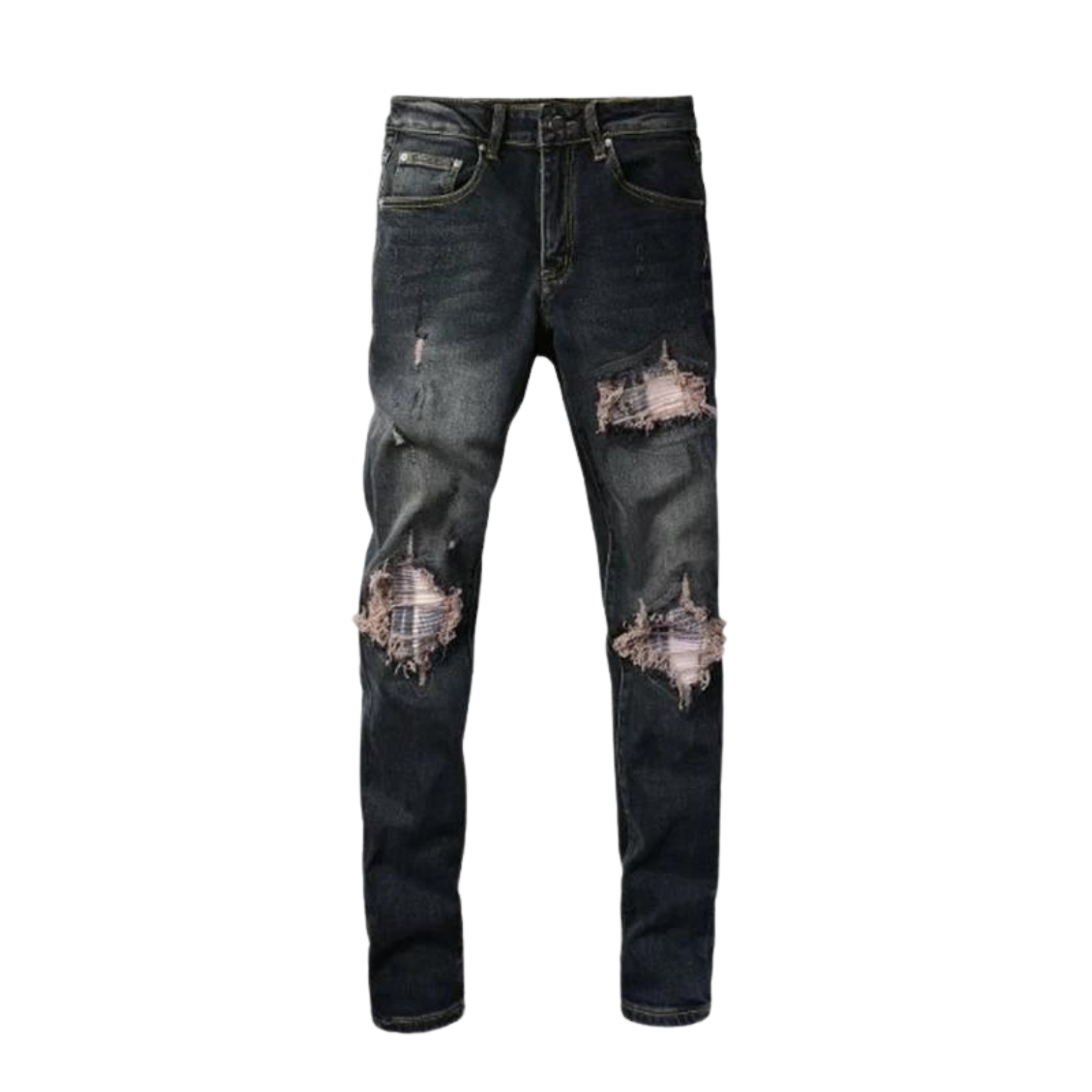 Front view of Nofacebaby B13 skinny relax fit jeans featuring distinctive ripped detailing on the thighs and knees, crafted from high-quality cotton fabric.