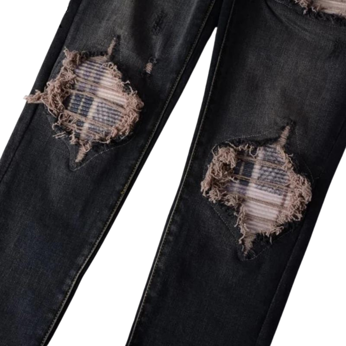 Close-up view of the Nofacebaby B13 jeans displaying the intricate ripped design with plaid patchwork underneath, emphasizing the premium cotton material.