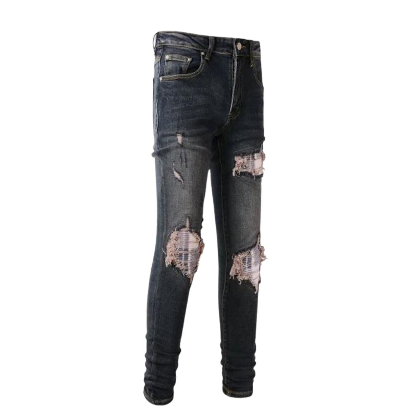 Side view of the Nofacebaby B13 jeans, presenting the tapered leg silhouette and detailed side profile of the high-quality, cotton skinny relax fit denim.