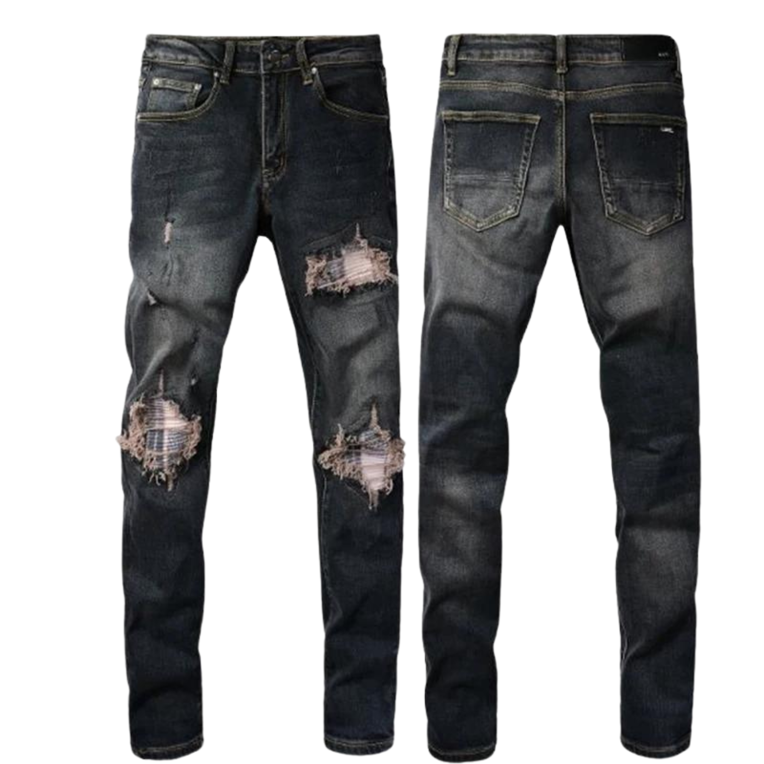 Full-length view of the Nofacebaby B13 skinny relax fit jeans from a front and back perspective, showcasing the overall design and quality of the cotton denim.