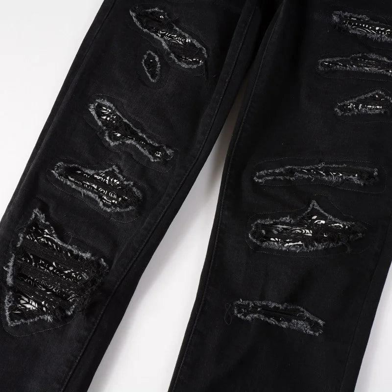 Nofacebaby M21 Jeans black bandana details on the knee.