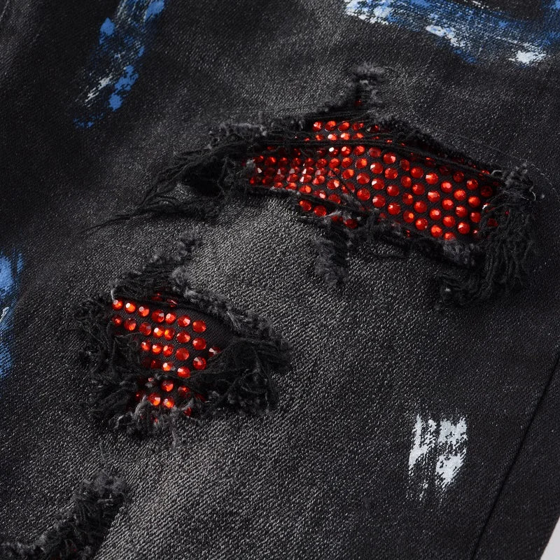 Nofacebaby Red Rhinestones Black Skinny Jeans Gems Close View.